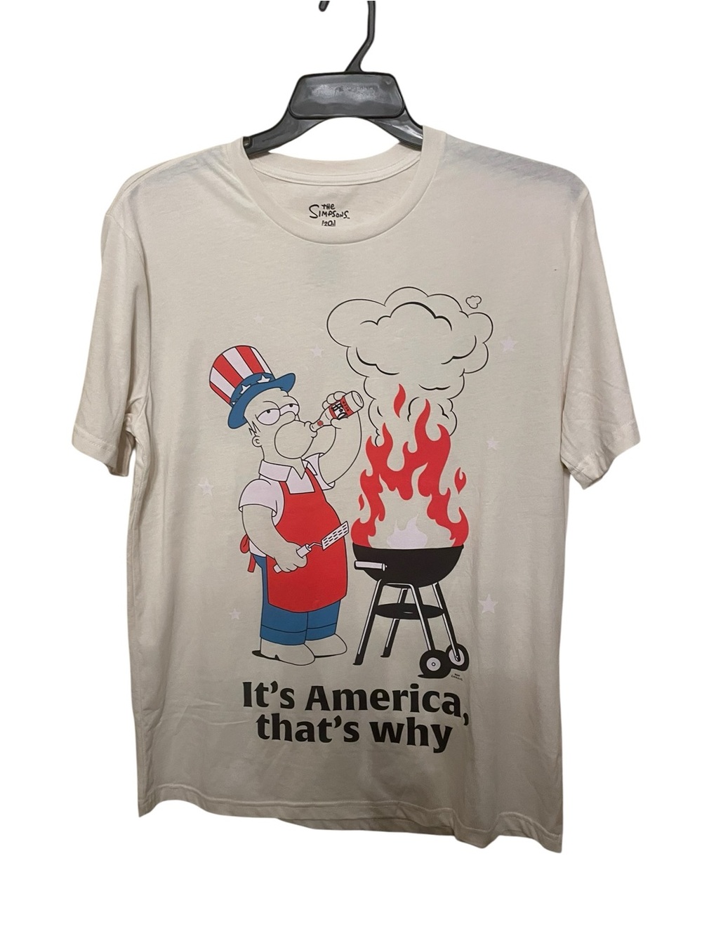 Men's Crew Neck Tee - Cream with Patriotic Grill Graphic size large